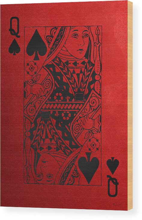 'red And Black' Collection By Serge Averbukh Wood Print featuring the digital art Queen of Spades in Black on Red Canvas  by Serge Averbukh