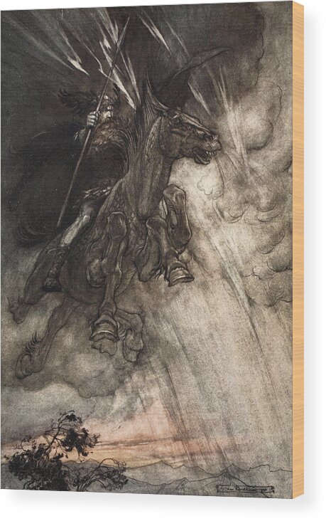 Der Ring Des Nibelungen Wood Print featuring the drawing Raging, Wotan Rides To The Rock! Like by Arthur Rackham