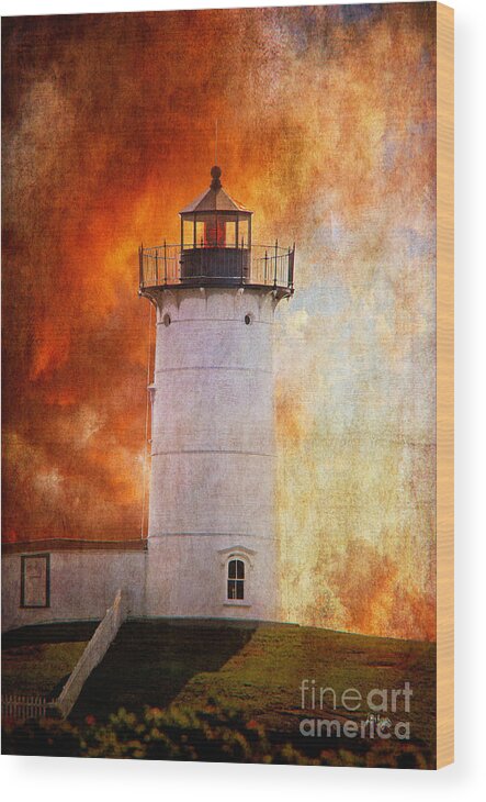 Lighthouse Wood Print featuring the photograph Red Sky At Morning - Nubble Lighthouse by Lois Bryan