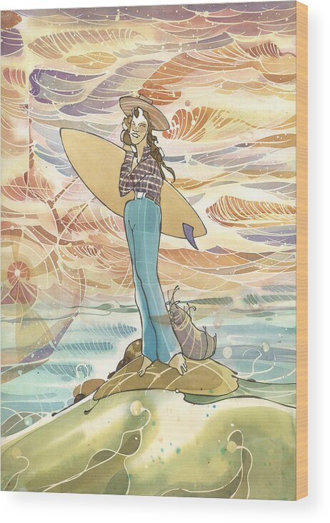 Harry Daily Wood Print featuring the painting Retro Surfer by Harry Holiday