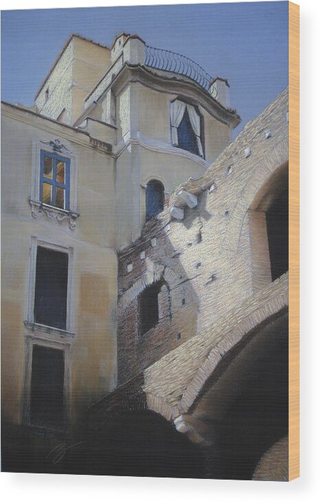 Pastel Wood Print featuring the pastel Roman Apartments - Pastel by Ben Kotyuk