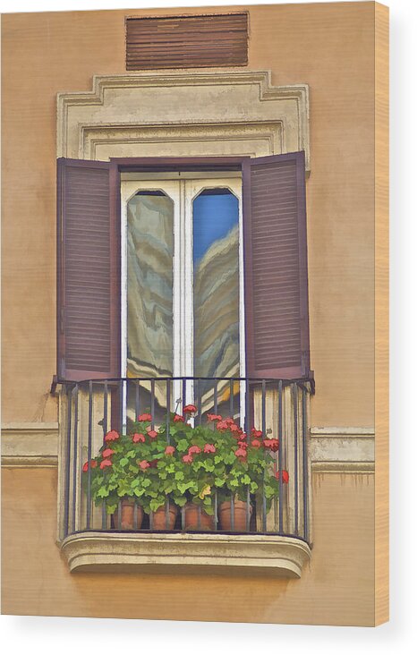 Ancient Wood Print featuring the photograph Romantic Balcony with Red Flowers in Rome by David Letts