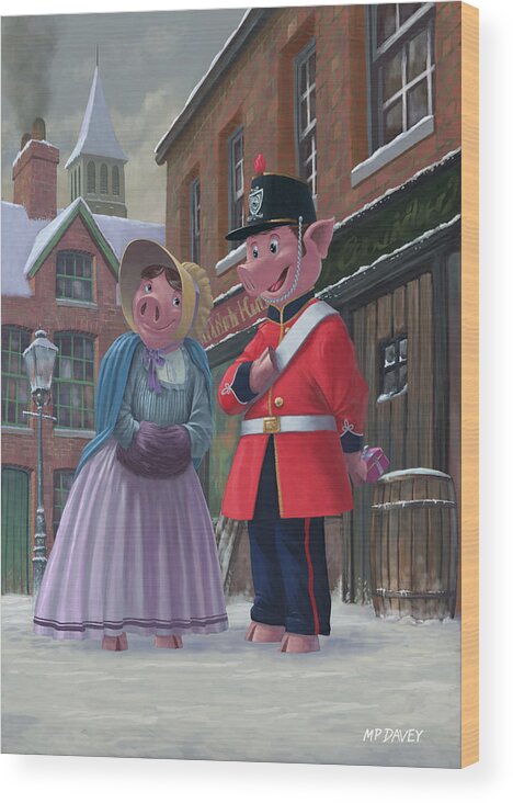 Romance Wood Print featuring the painting Romantic Victorian Pigs In Snowy Street by Martin Davey