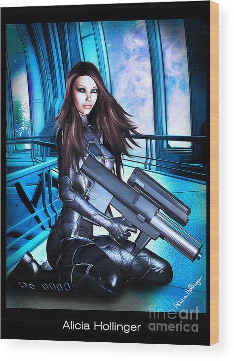 Sci-fi Wood Print featuring the mixed media Sci-Fi Brunette with a Big Gun by Alicia Hollinger
