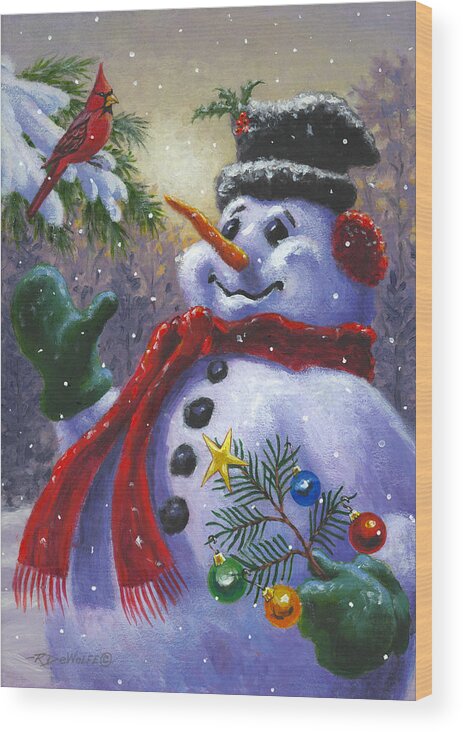 Snowman Wood Print featuring the painting Seasons Greetings by Richard De Wolfe
