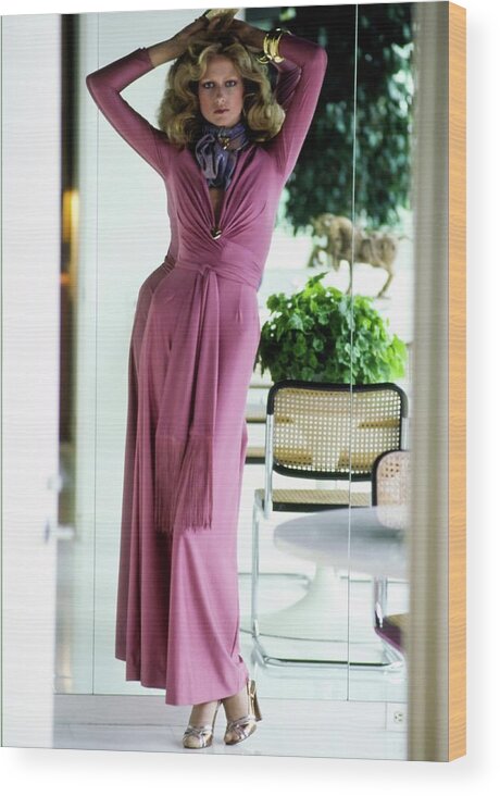 Fashion Wood Print featuring the photograph Shelley Smith Wearing Gloria Castaldo Pajamas by Arthur Elgort
