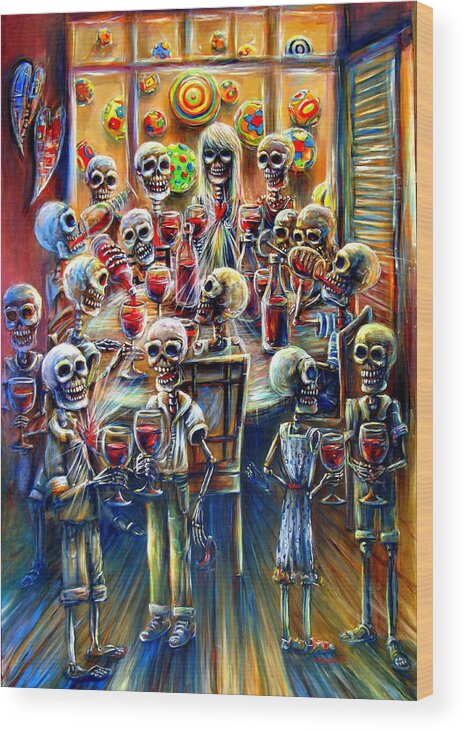 Skeletons Wood Print featuring the painting Skeleton Wine Party by Heather Calderon