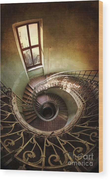 Handrail Wood Print featuring the photograph Spiral staircaise with a window by Jaroslaw Blaminsky