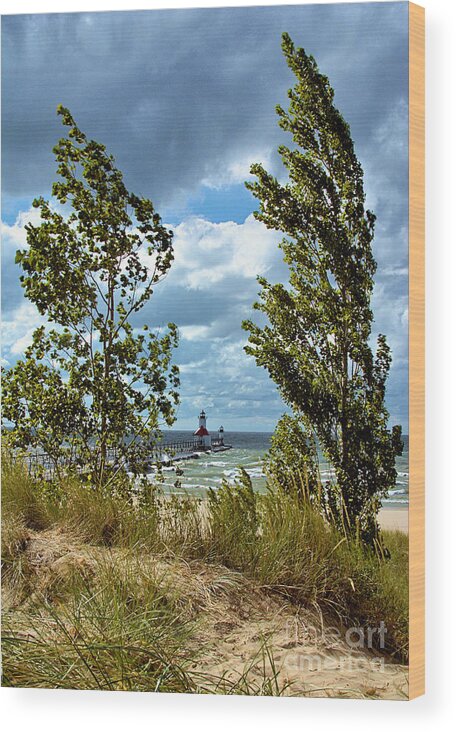 Lighthouse Wood Print featuring the photograph St Joseph Lighthouse Through Trees by Brett Maniscalco