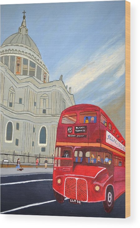 S T. Paul Cathedral And London Bus Wood Print featuring the painting St. Paul Cathedral and London bus by Magdalena Frohnsdorff