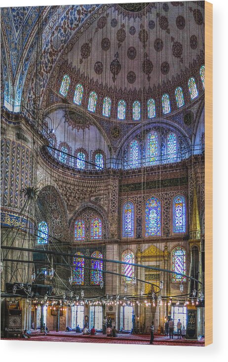 Hdr Wood Print featuring the photograph Stained Glass and Dome of the Sultanahmet Mosque by Ross Henton