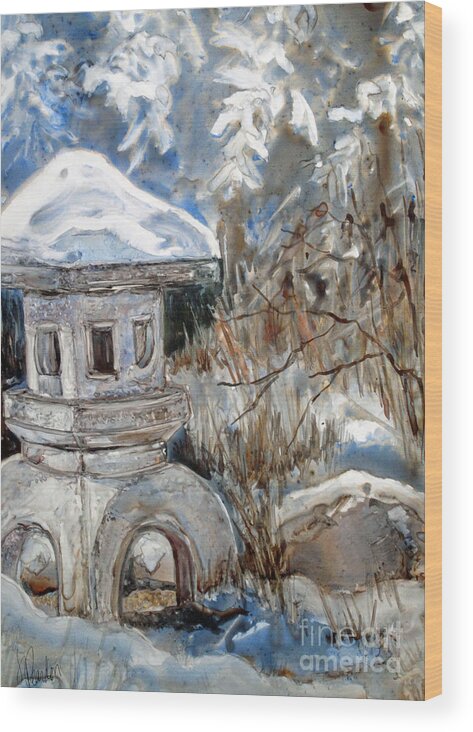 Winter Landscape Wood Print featuring the painting Stone Lantern by Louise Peardon