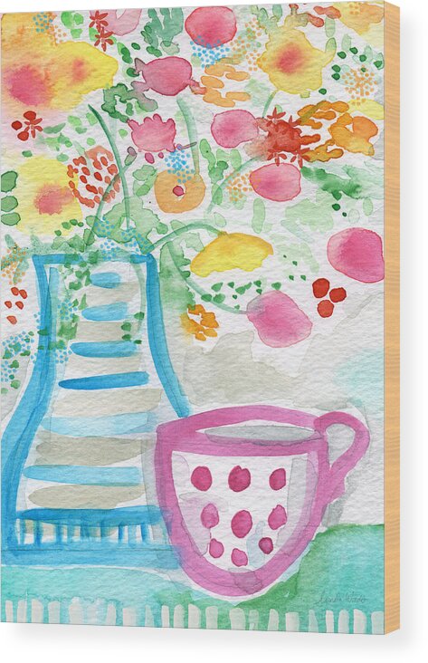 Flowers Wood Print featuring the painting Tea and Fresh Flowers- whimsical floral painting by Linda Woods