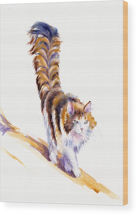 Cat Wood Print featuring the painting THE calico CAT THAT WALKED BY HIMSELF by Debra Hall