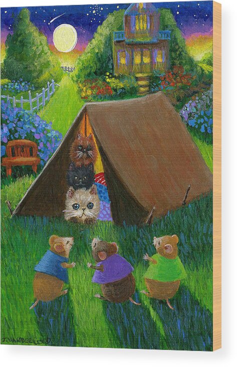 Kittens Wood Print featuring the painting The Camping Kitten's Surprise by Jacquelin L Westerman