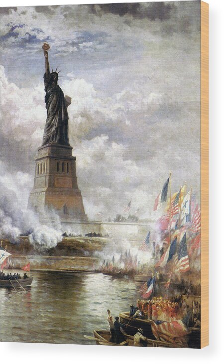 Moran Edward Unveiling Wood Print featuring the painting The Statue of Liberty by MotionAge Designs