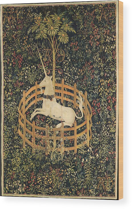 Mythology Wood Print featuring the tapestry - textile The Unicorn in Captivity by Unknown