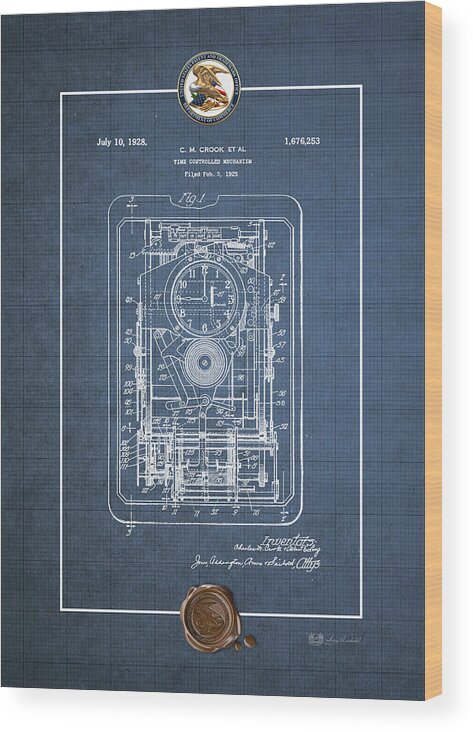 C7 Vintage Patents And Blueprints Wood Print featuring the digital art Time Controlled Mechanism Vintage Patent Blueprint by Serge Averbukh