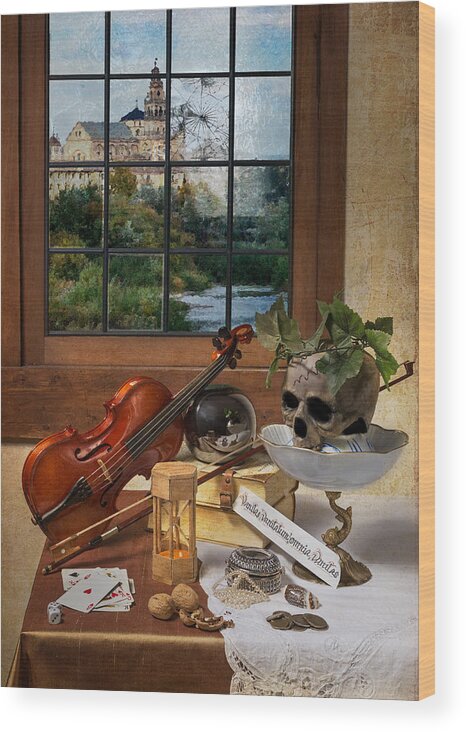 Vanitas Wood Print featuring the photograph Vanitas with Music Instruments and Window by Levin Rodriguez