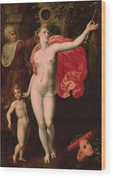 Mythological Wood Print featuring the photograph Venus And Cupid, Allegory Of The Truth Oil On Wood by Jacques de Backer