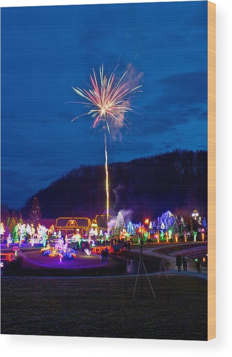 Christmas Wood Print featuring the photograph Village in Christmas lights fireworks by Brch Photography