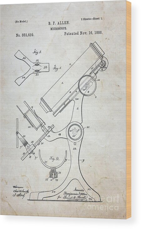 Paul Ward Wood Print featuring the photograph Vintage Microscope Patent by Paul Ward