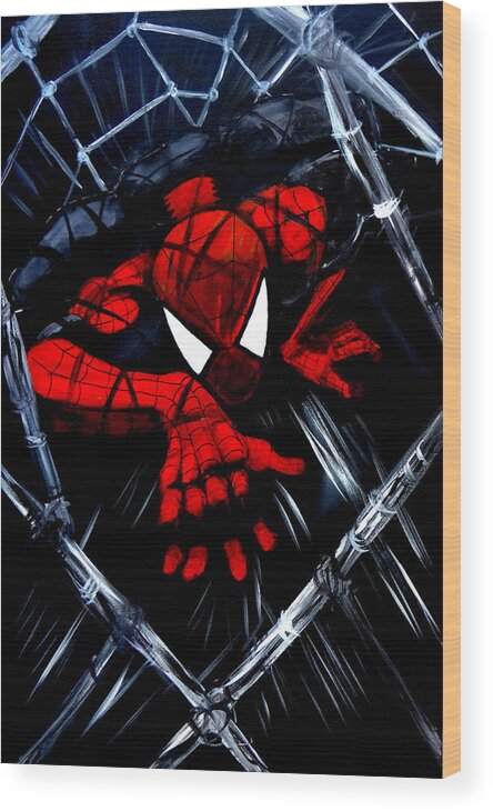 Spiderman Wood Print featuring the painting Web Crawler by Katy Hawk