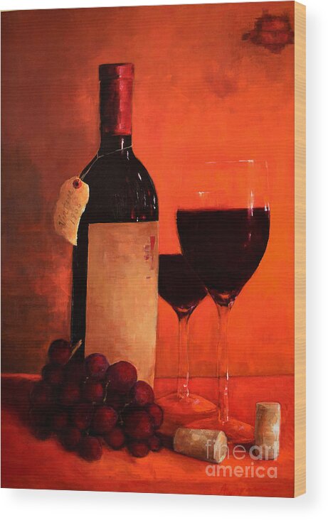 Wine Bottle Wood Print featuring the painting Wine Bottle - Wine Glasses - Red Grapes Vintage Style Art by Patricia Awapara