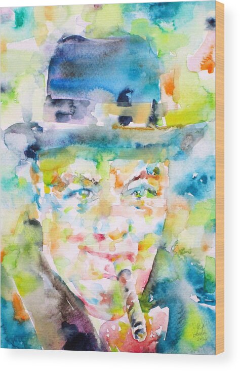 Winston Churchill Wood Print featuring the painting WINSTON CHURCHILL smoking - watercolor portrait by Fabrizio Cassetta