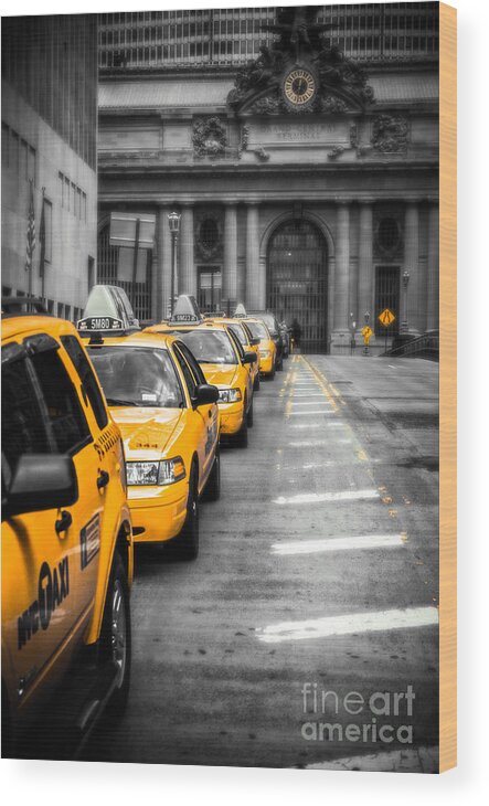 Nyc Wood Print featuring the photograph Yellow Cabs waiting - Grand Central Terminal - bw o by Hannes Cmarits