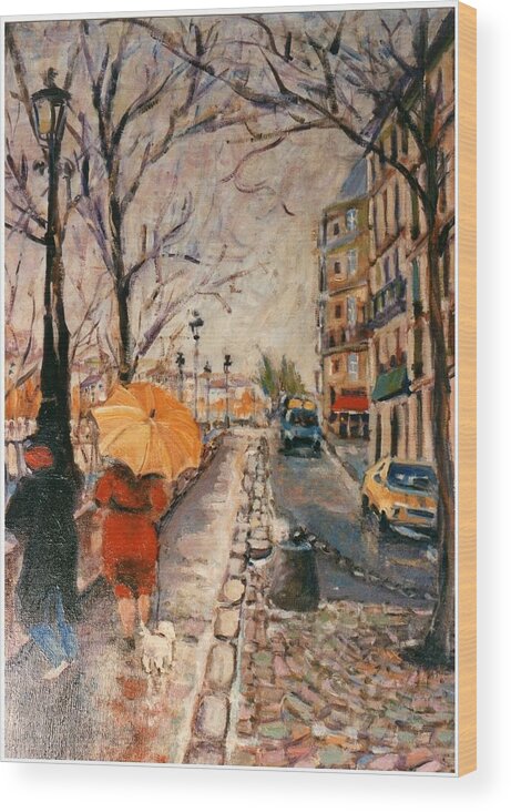 Paris Wood Print featuring the painting Yellow umbrella by Walter Casaravilla