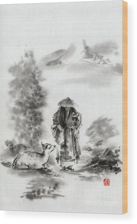 Buddha Wood Print featuring the painting Zen art buddhist monk mountains landscape by Mariusz Szmerdt
