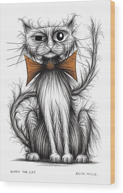 Cat Wood Print featuring the drawing Zippy the cat by Keith Mills