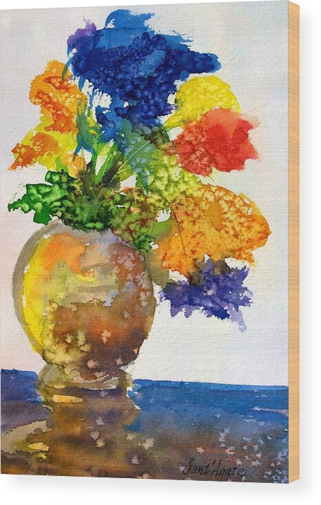 Vase Wood Print featuring the painting Vase with Flowers by Frank SantAgata