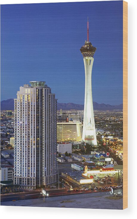Vertical Wood Print featuring the photograph Aerial View Of Stratosphere Tower by Allan Baxter