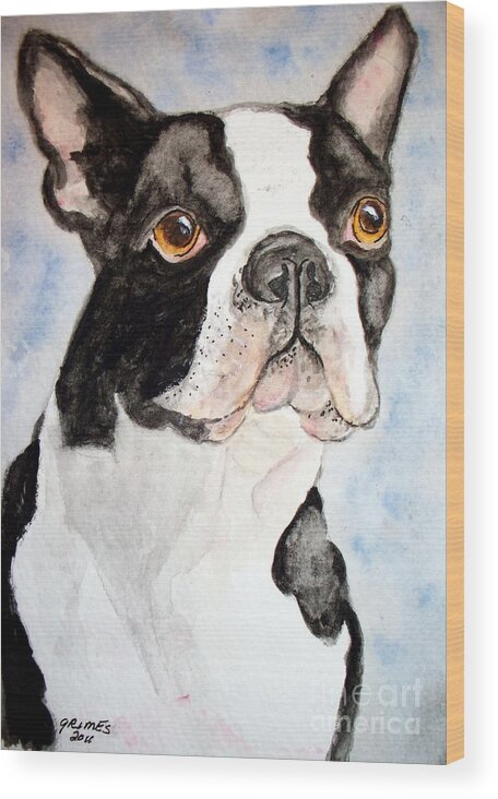 Dog Wood Print featuring the painting Boston Terrier by Carol Grimes