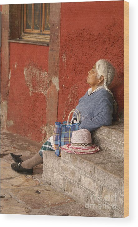 Mexico Wood Print featuring the photograph DOZING WOMAN San Miguel de Allende Mexcio by John Mitchell