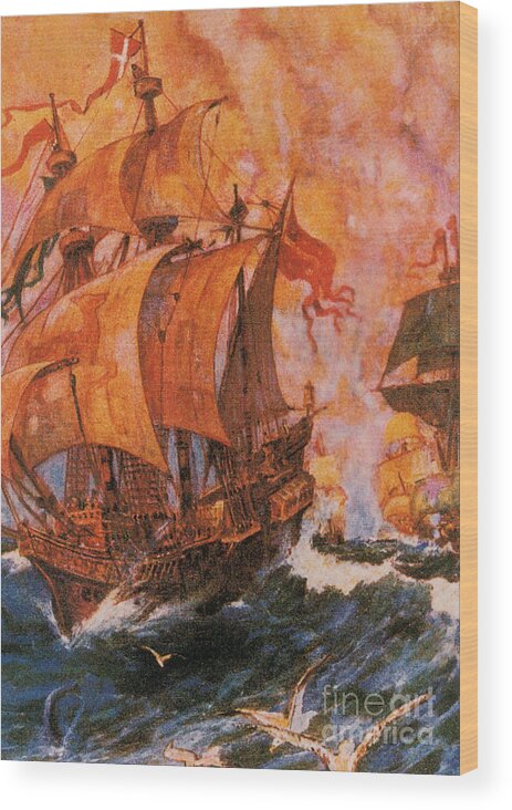 History Wood Print featuring the photograph Drakes Ship Battles The Spanish Armada by Photo Researchers