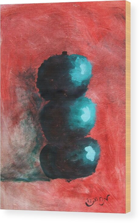 Fruit Wood Print featuring the painting Green Impressionist Apples Stacked on Abstracted Red Background Still Life of Kitchen Food Dessert by M Zimmerman MendyZ