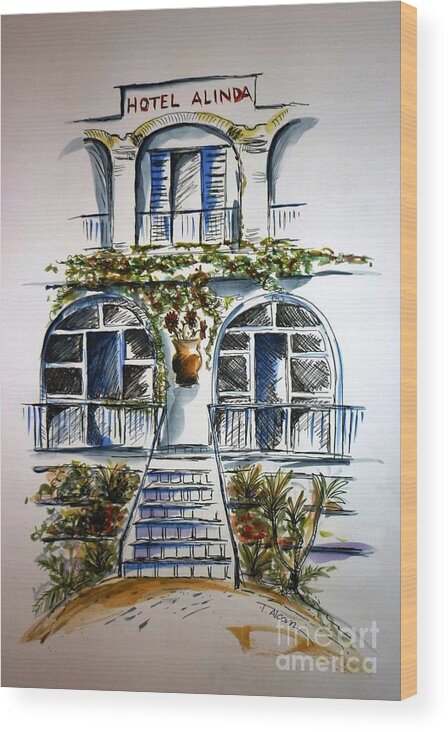Hotel Alinda Wood Print featuring the painting Hotel Alinda - Leros by Therese Alcorn