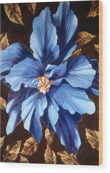 Blue Multi Petaled Hibiscus Flower Wood Print featuring the painting Ix Chel by Kyra Belan