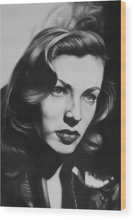 Lauren Bacall Humphrey Bogart Wood Print featuring the drawing Lauren Bacall by Steve Hunter