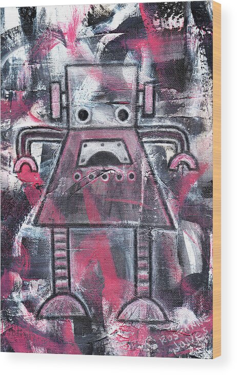 Robot Wood Print featuring the mixed media Ruby Robot by Roseanne Jones