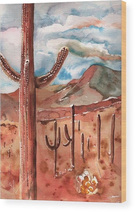 Saguaro Wood Print featuring the painting Saguaro Cactus by Sharon Mick