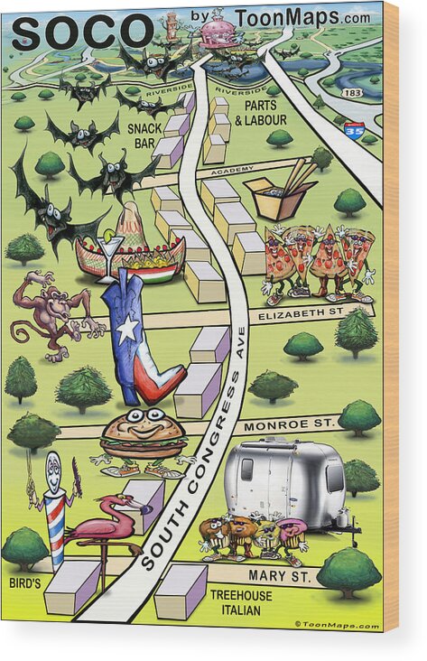 Soco Wood Print featuring the painting SOCO South Congress Ave ATX Cartoon Map by Kevin Middleton