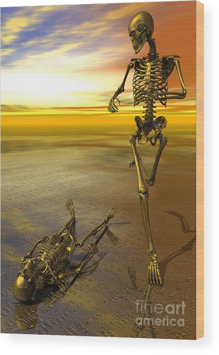 Surreal Wood Print featuring the digital art Surreal skeleton jogging past prone skeleton with sunset by Nicholas Burningham