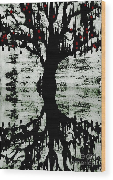 Black And White Tree Wood Print featuring the painting The Tree The Root by Amy Sorrell