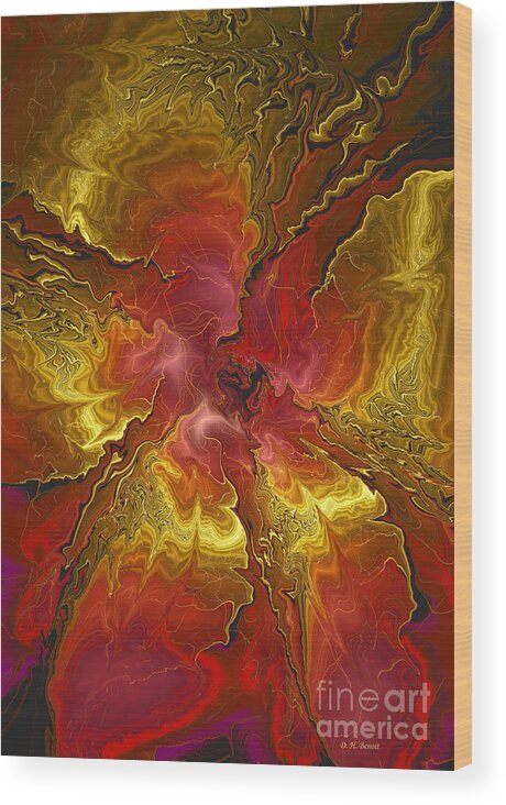 Digital Flower Wood Print featuring the digital art Vibrant Red and Gold by Deborah Benoit