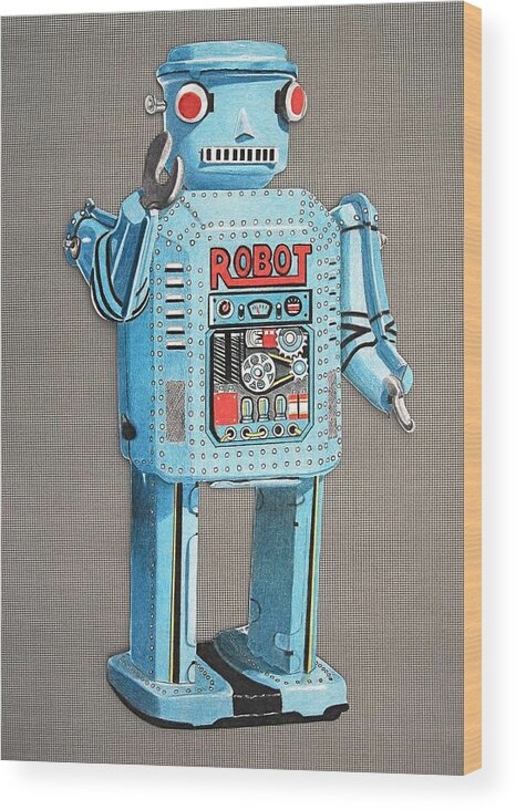  Robot Drawings Wood Print featuring the drawing Wind-up Robot 2 by Glenda Zuckerman