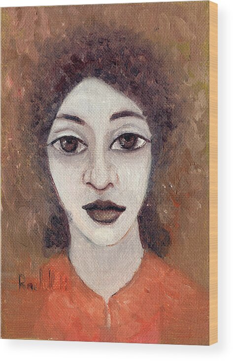 Woman Wood Print featuring the painting Woman with large dark brown eyes and hair orange shirt dark eyebrows by Rachel Hershkovitz
